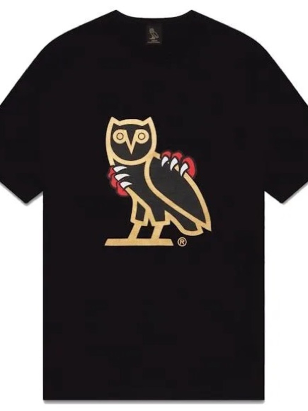 OVO Black T‑Shirt with Gold Owl Logo and Red Claw Accents
